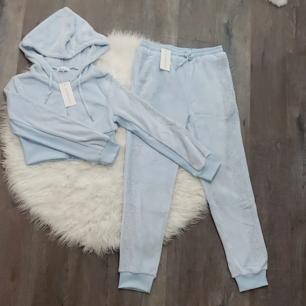 Hot & Delicious Plush Tracksuit Jogger Lounge Set Athleisure Embellished Bling